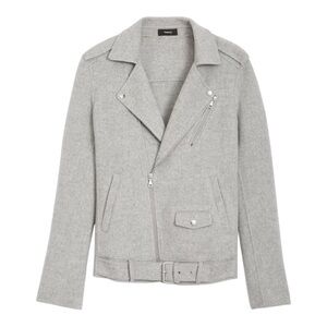 Theory Wool-Cashmere Belted Moto Jacket in Light Grey – Size M